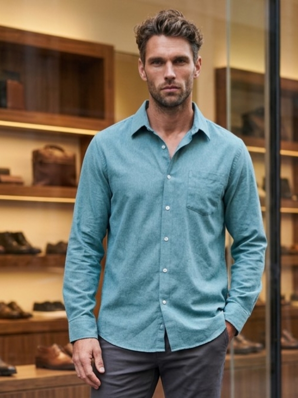 Chaps Green-Blue Long-Sleeve Button-Up Shirt Front Chest Pocket, Button Cuffs XL